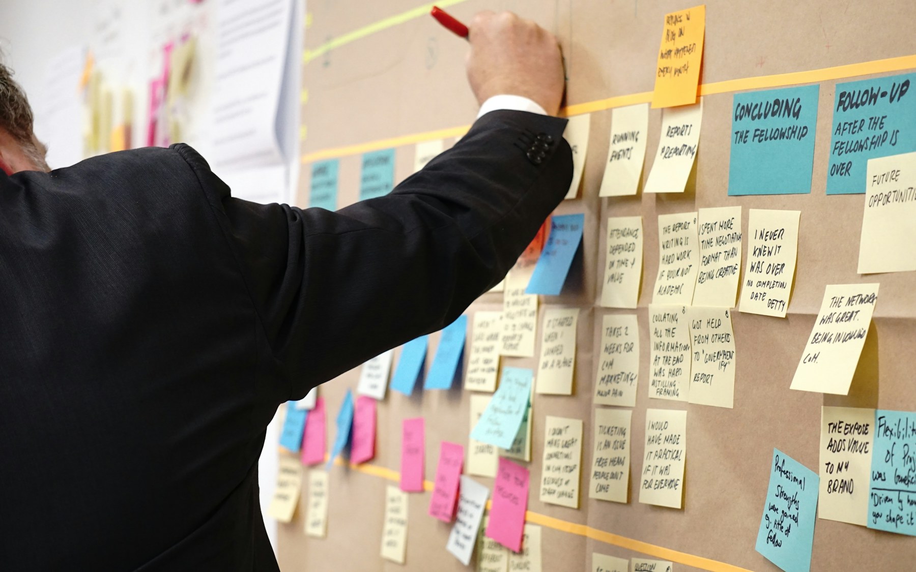 Professional arranging sticky notes on a planning board